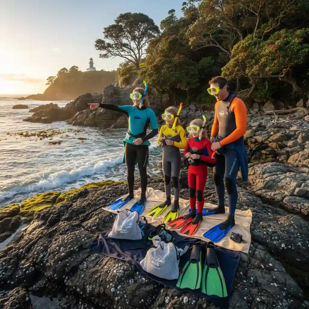 Family enjoying snorkeling with their own gear in New Zealand