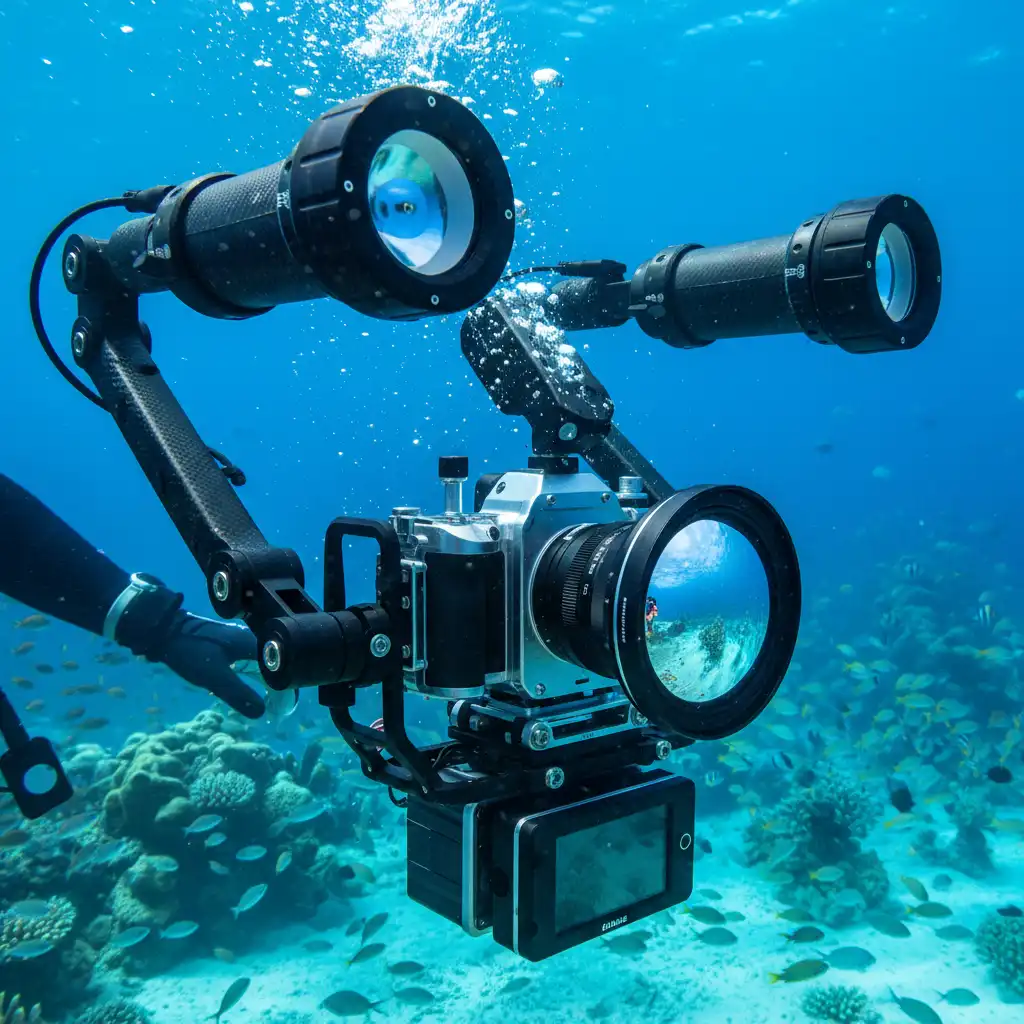 Underwater camera setup with strobes positioned for backscatter reduction