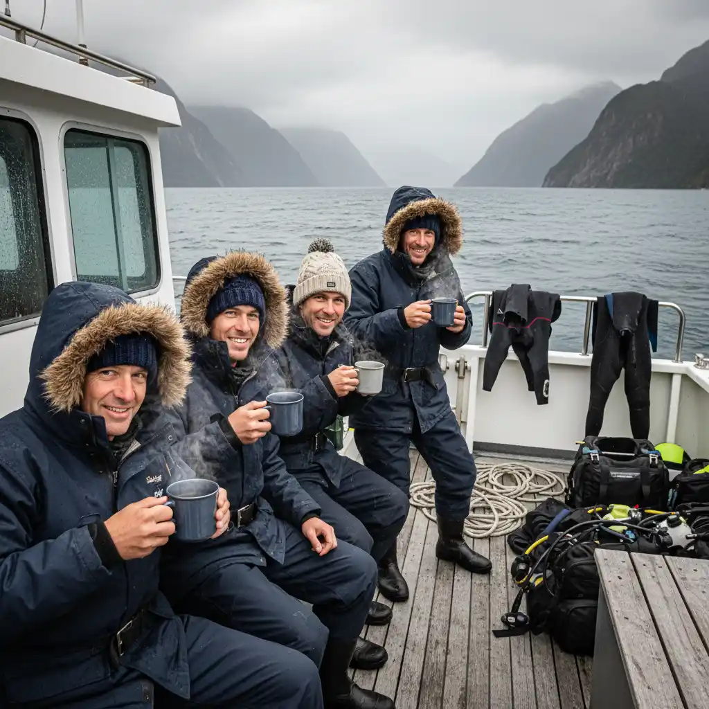 Divers warming up after a cold water dive in New Zealand