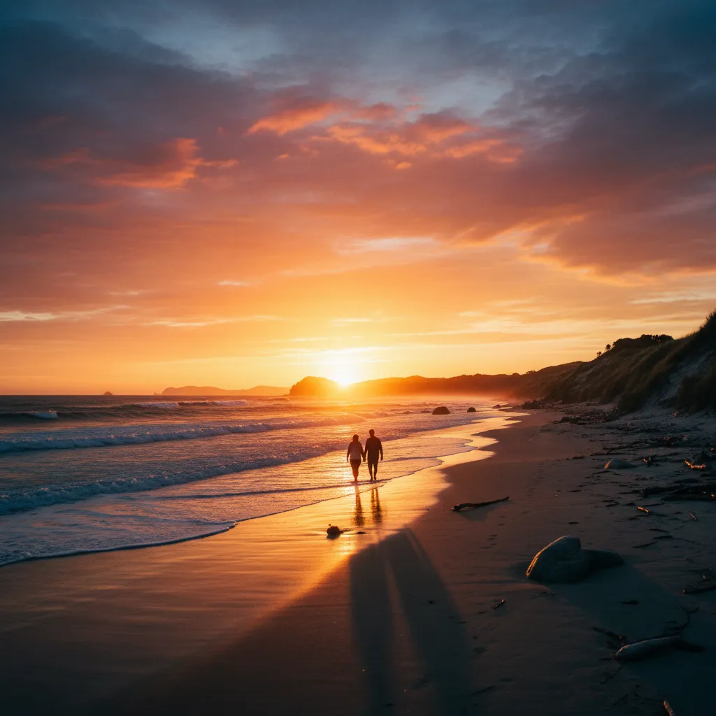 Romantic sunset walk on Pakiri Beach