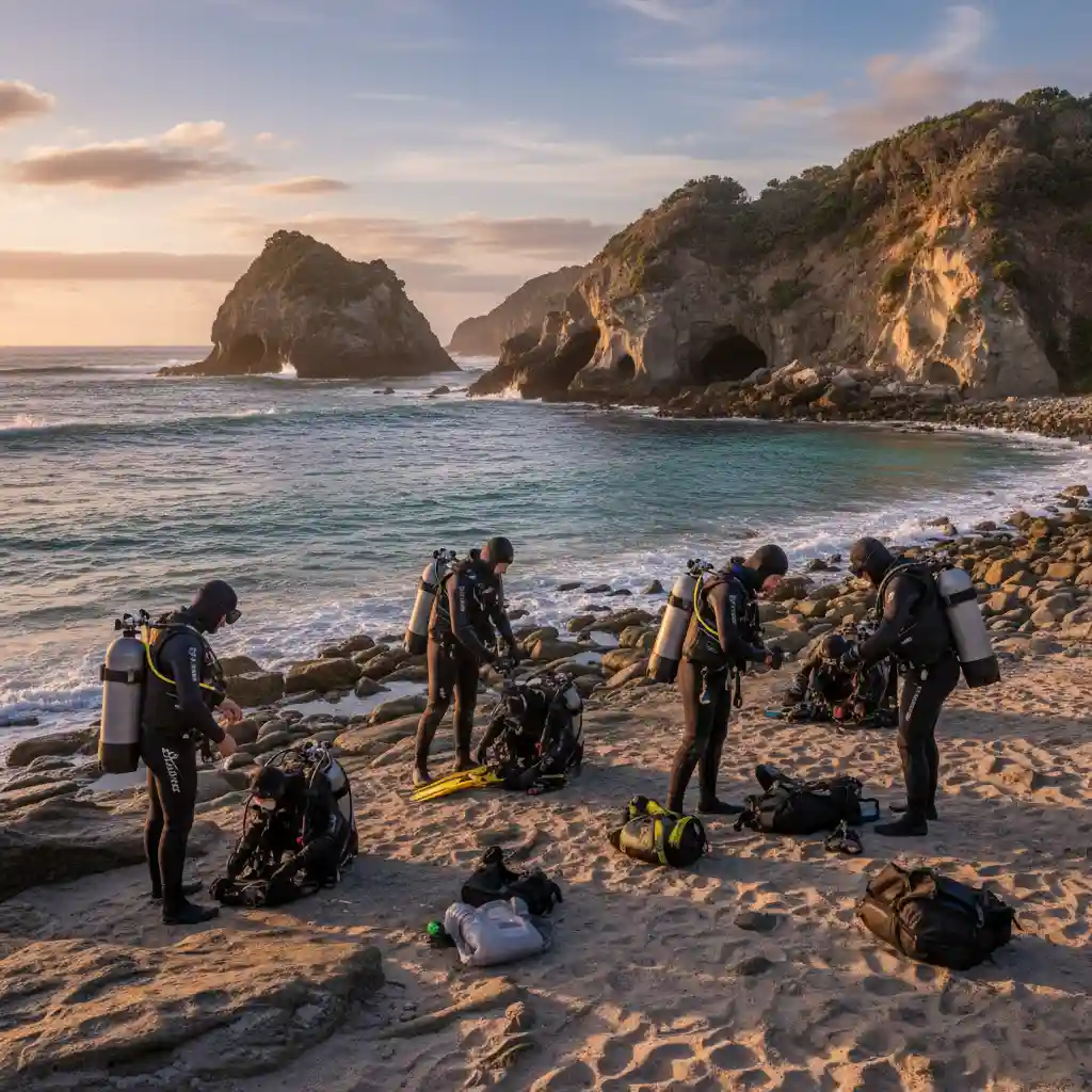 Scuba divers preparing for a dive at Goat Island Marine Reserve