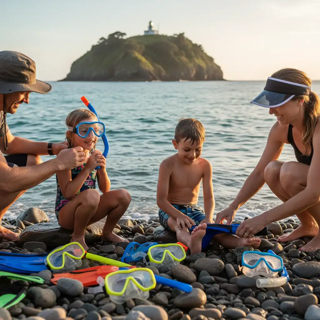 Family preparing to snorkel at Goat Island beach