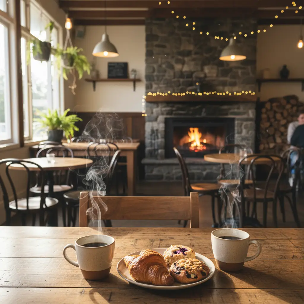 Cozy Matakana cafe interior with fireplace