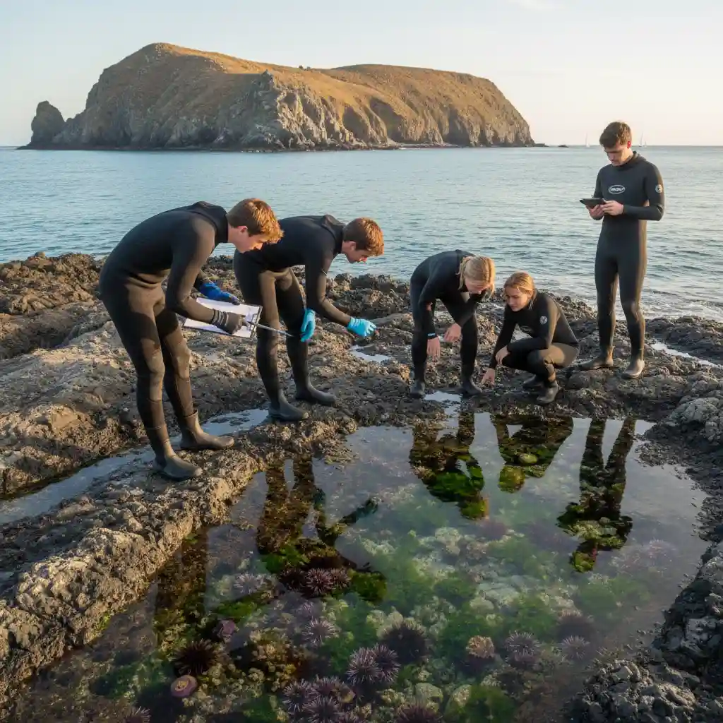Students engaging in marine education activities at Goat Island