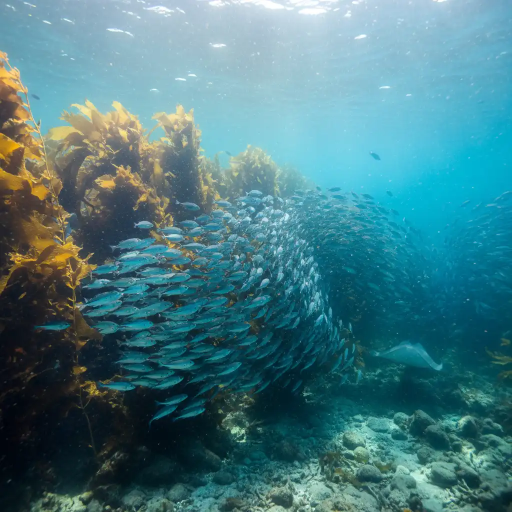 School of Blue Maomao fish underwater at Goat Island