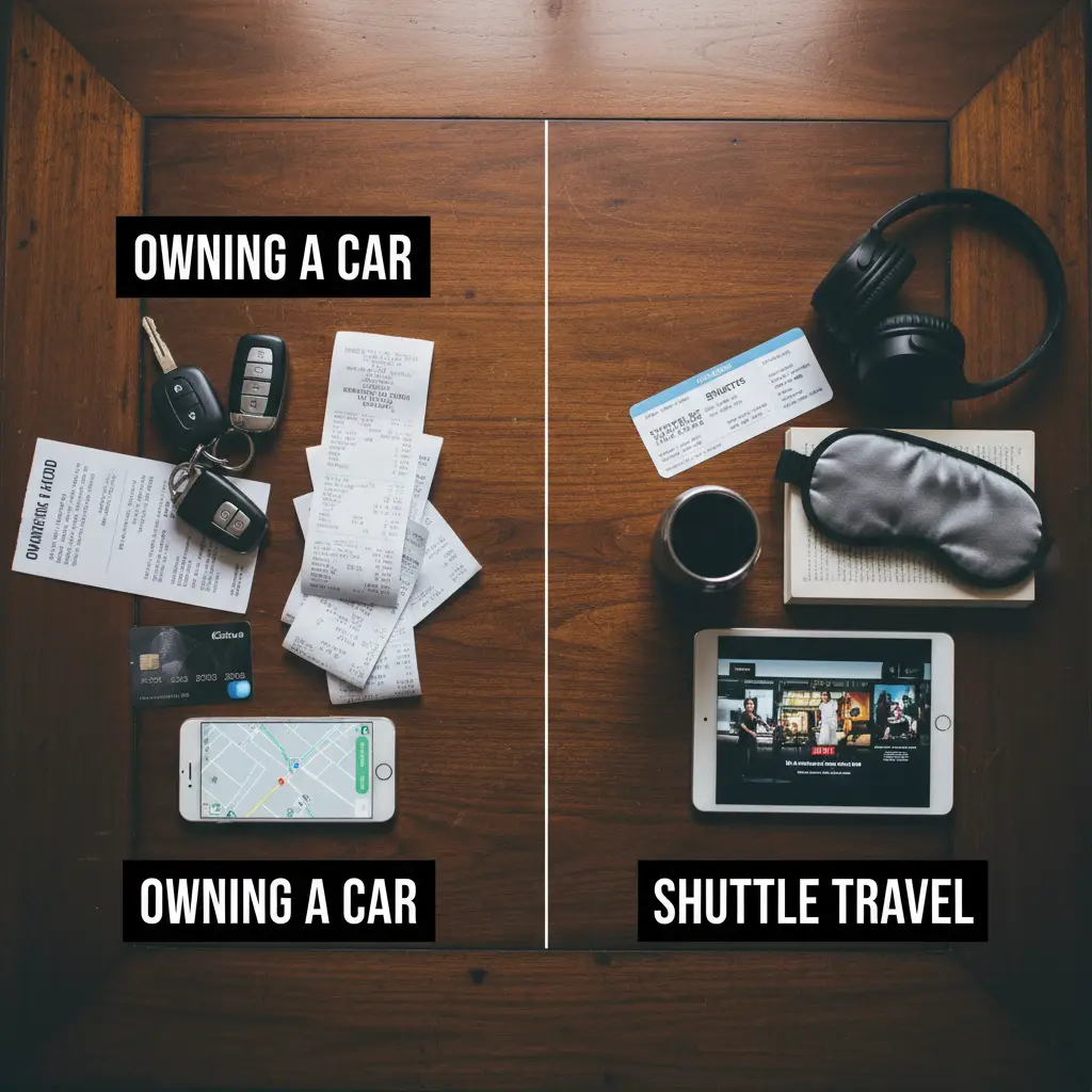 Cost comparison concept between driving and shuttle services