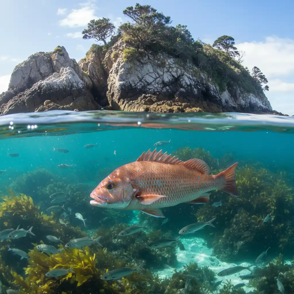 Split level view of Goat Island shore and underwater marine life