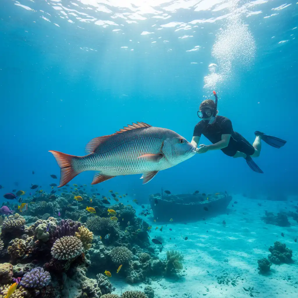 Large snapper swimming near snorkeler at Goat Island