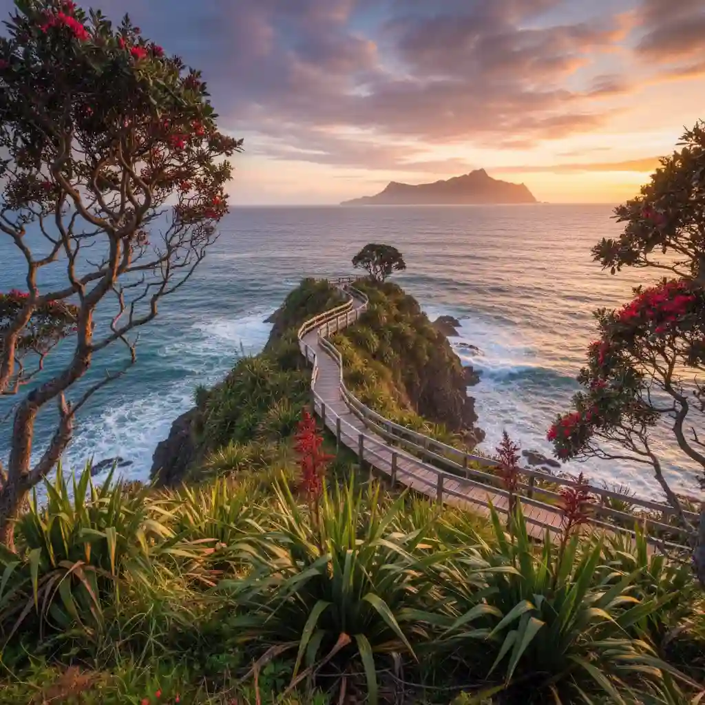 Coastal walkway view towards Little Barrier Island
