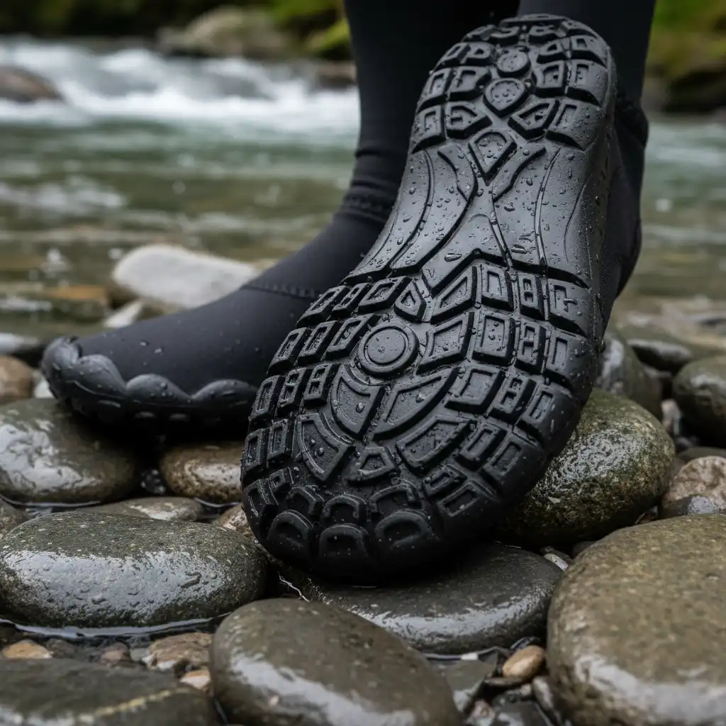 Neoprene reef shoes providing grip on wet, slippery rocks