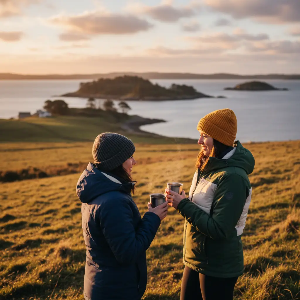 Visitors warming up with hot drinks overlooking the reserve