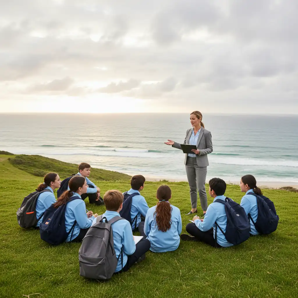 Teacher conducting a safety briefing and roll call at Goat Island