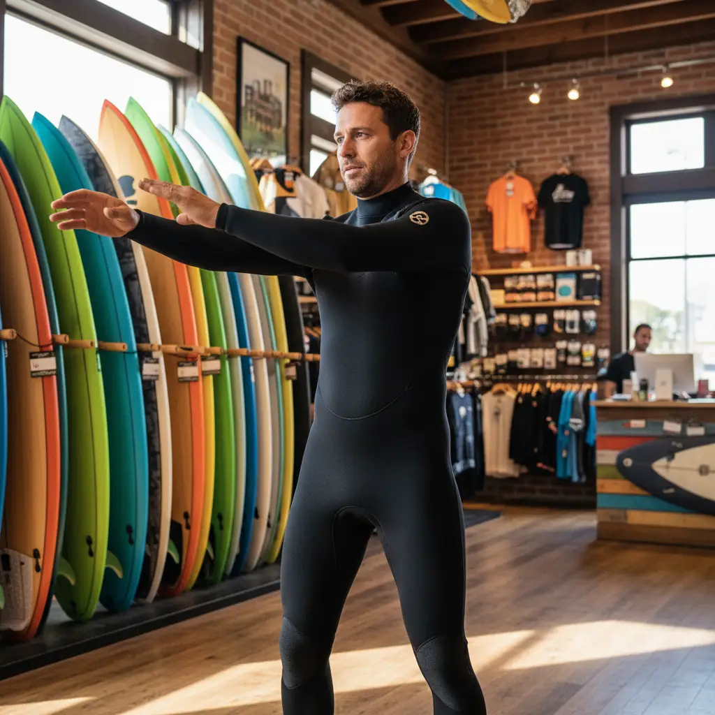 Fitting a wetsuit in a New Zealand surf shop