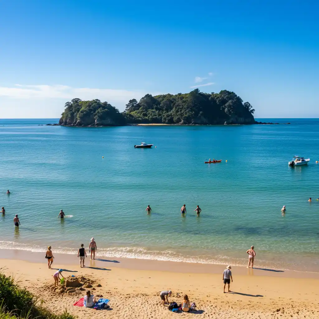 Scenic view of Goat Island beach and marine reserve conditions