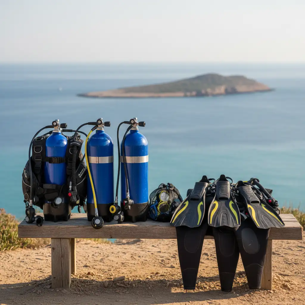 Scuba diving rental equipment prepared for a charter trip in Leigh