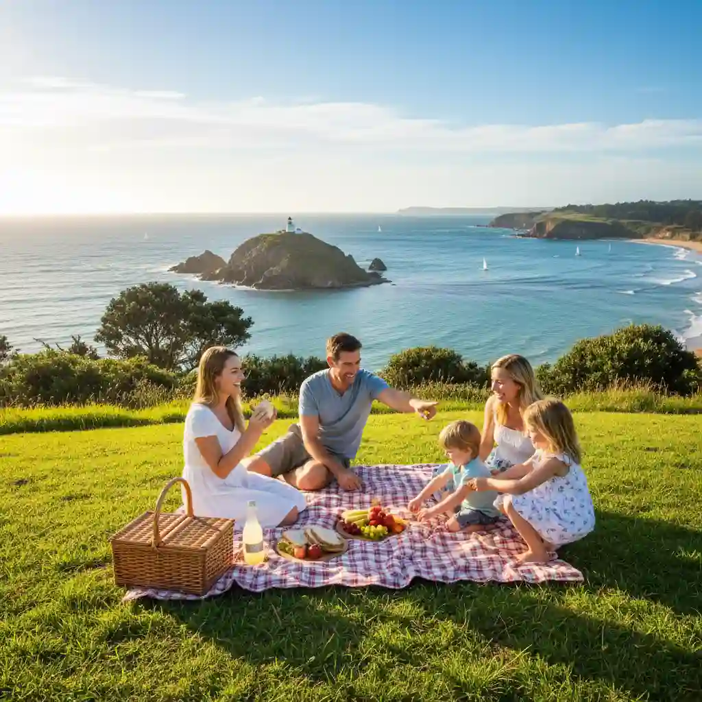 Family picnic on the grass at Goat Island Reserve