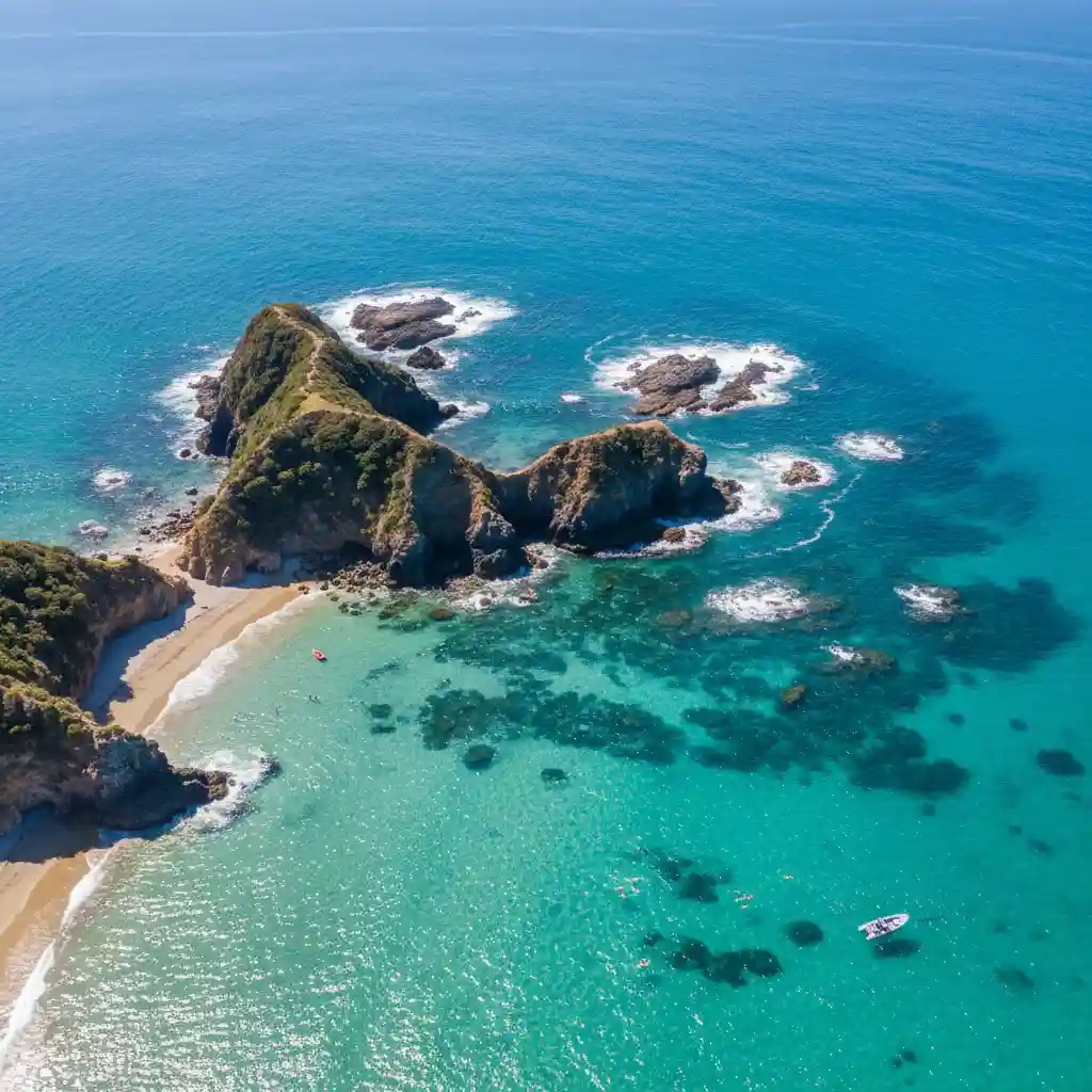 Aerial view of Goat Island Marine Reserve and snorkelers