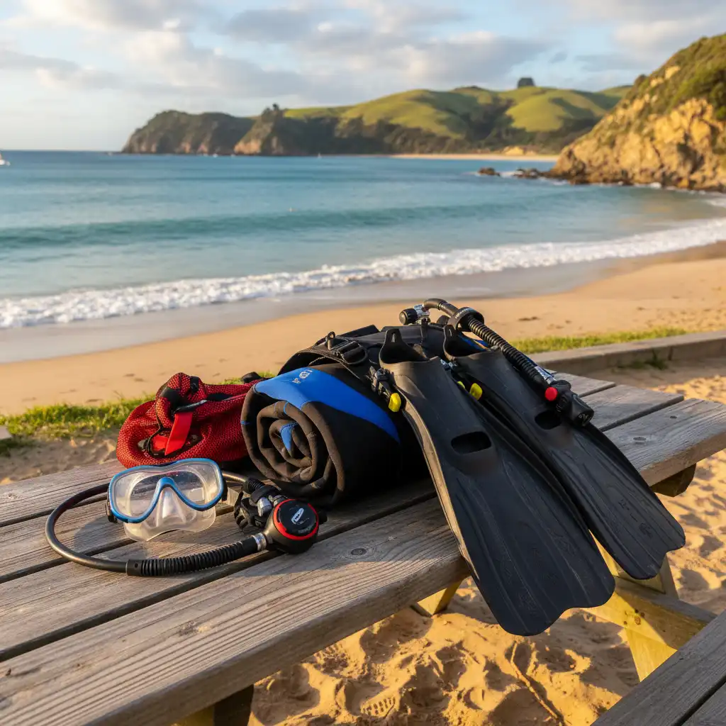 Scuba diving equipment setup for temperate water