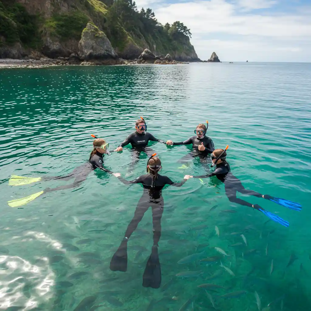 Family snorkeling safely at Goat Island Marine Reserve