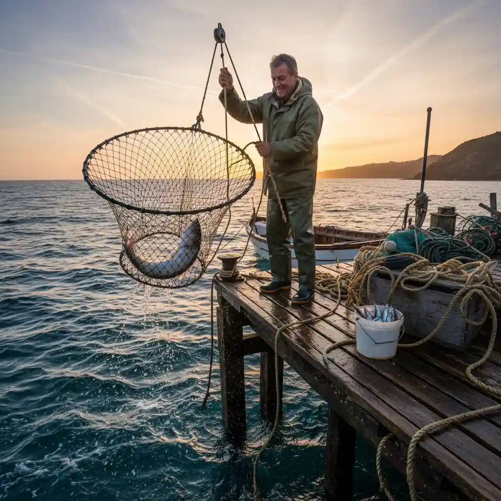 Using a drop net to land fish at Leigh Wharf