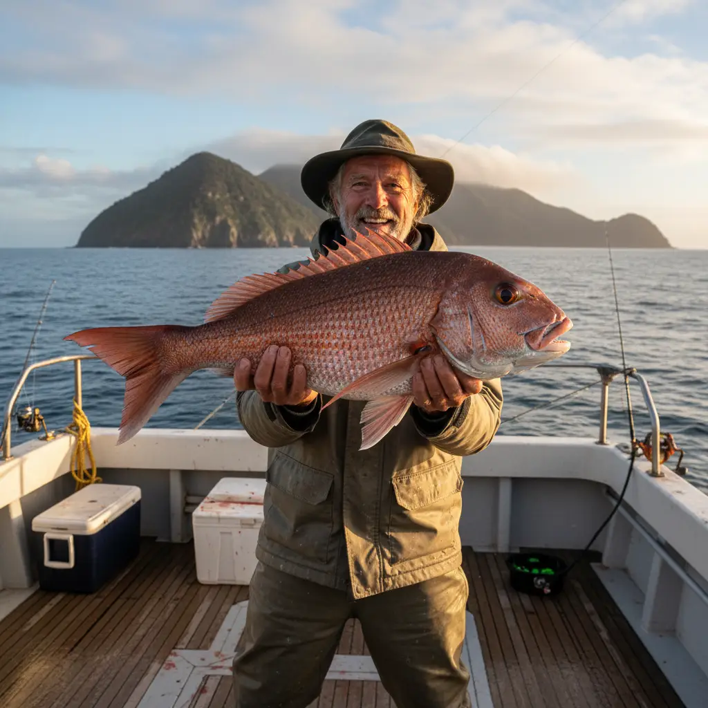 Angler holding large snapper near Little Barrier Island
