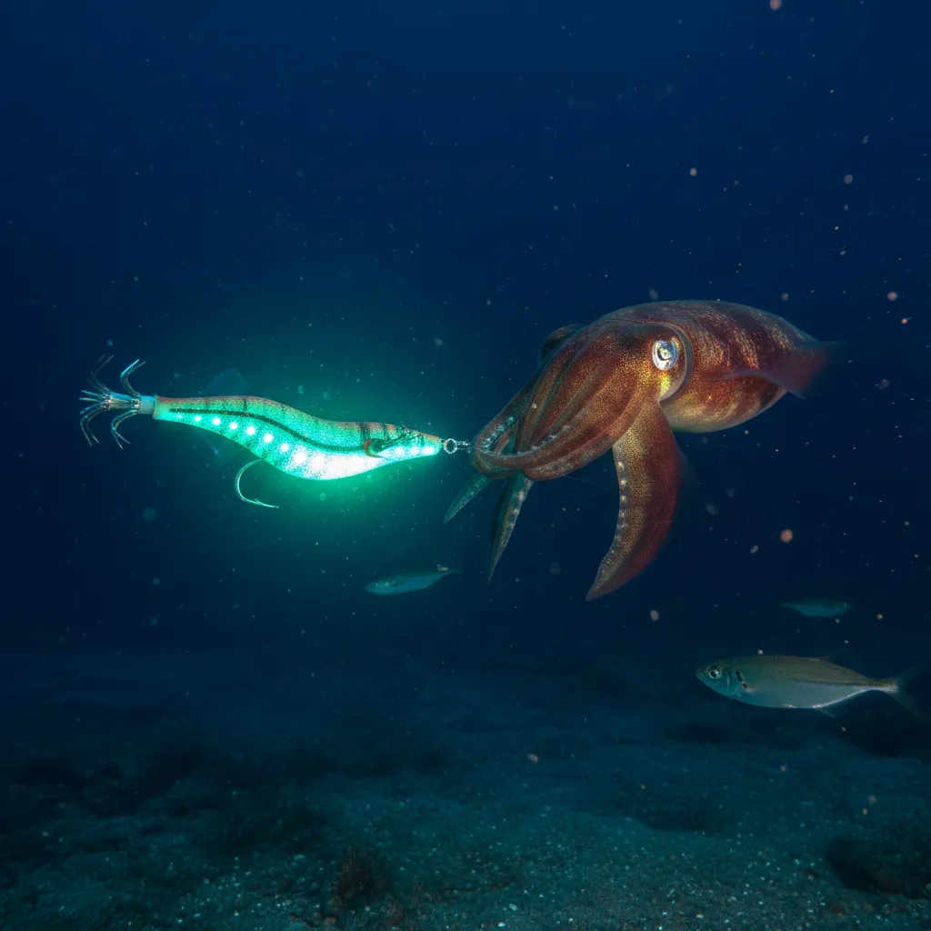 Squid jigging at night in New Zealand