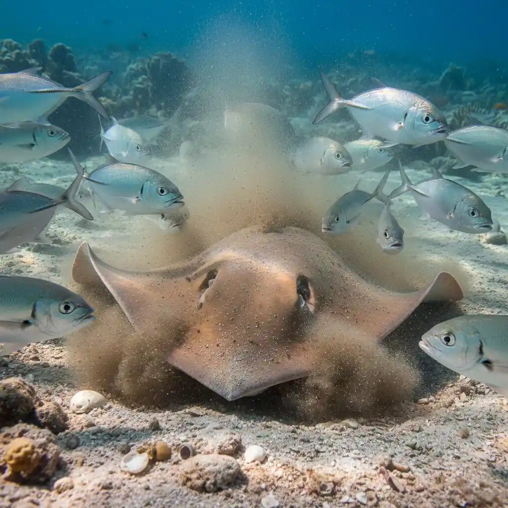 Stingray feeding behavior with Trevally fish nearby