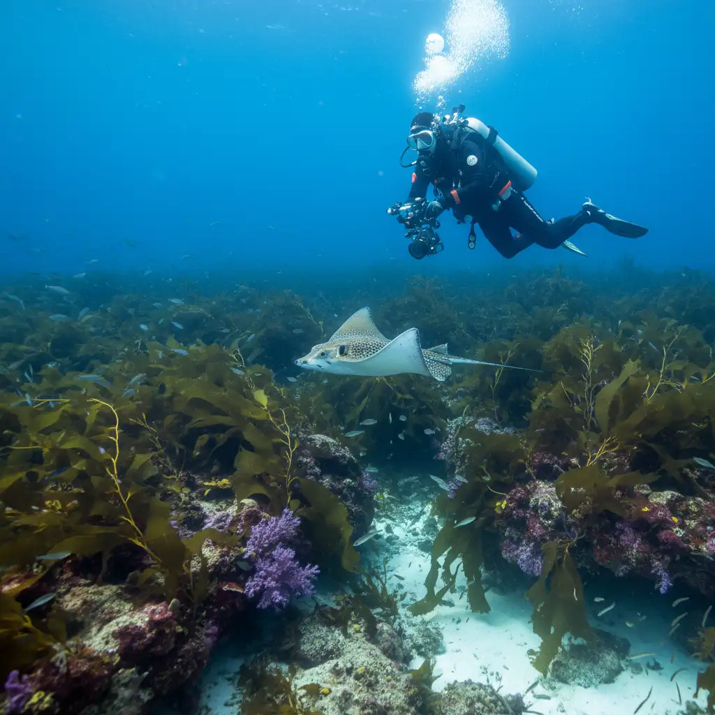 Diver watching Eagle Ray at Goat Island